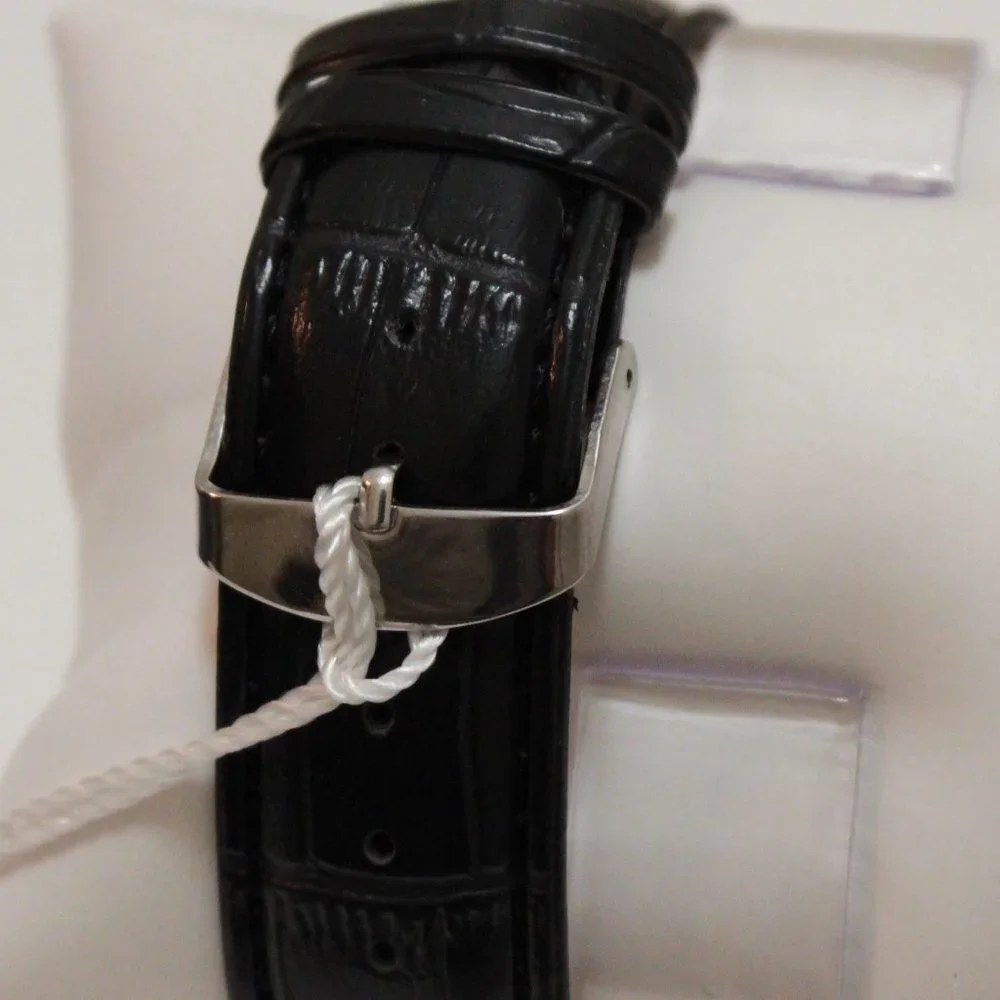 Men's Contemporary Dress Watch Silver Case Black Leather Watch Strap 40mm